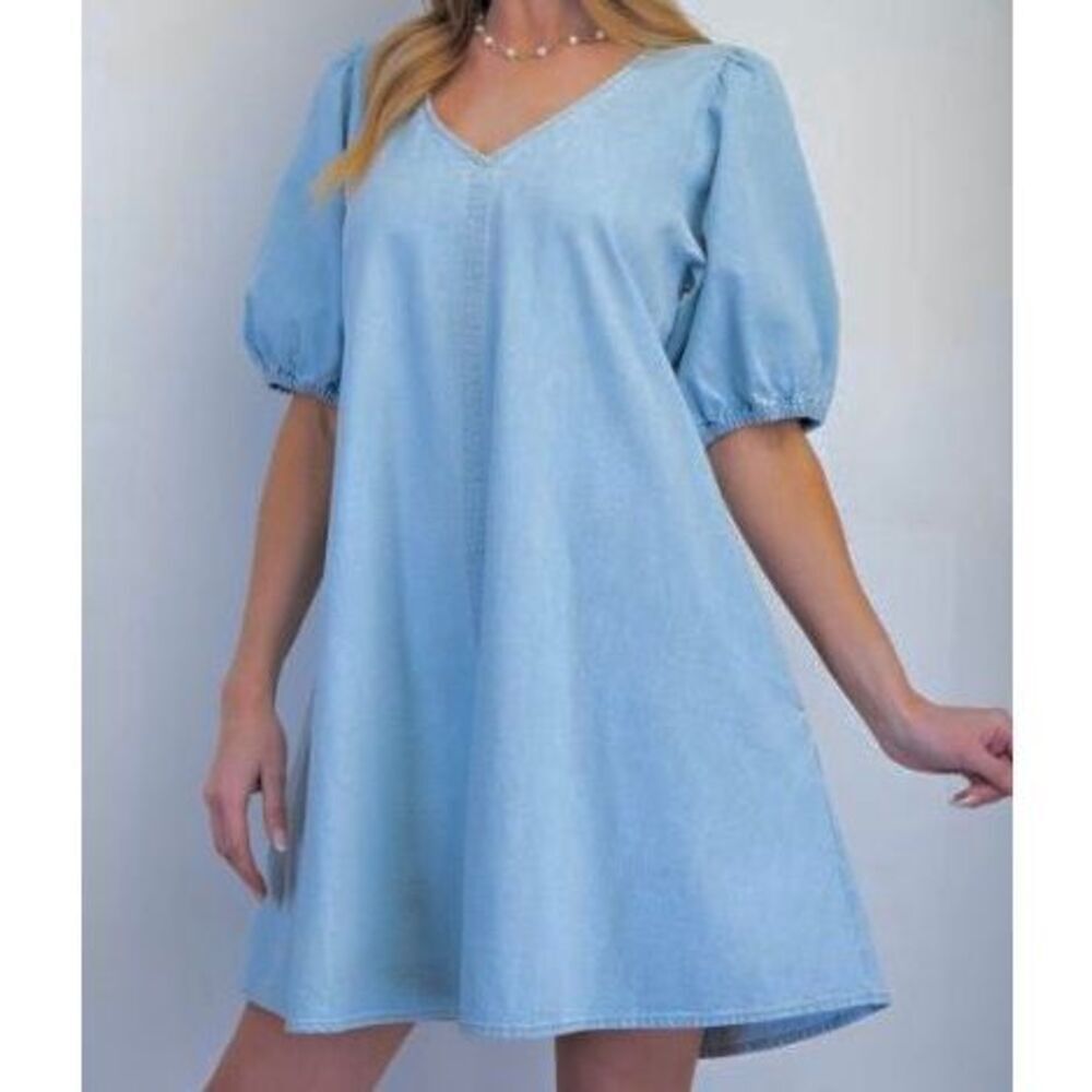 Easel Women’s Denim V Neckline Puff Sleeve Dress Sz Medium NEW